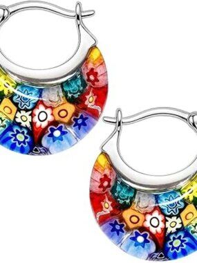 NEW Murano Style Millefiori Glass Hoop Earring Floral Colorful Flower Adorable